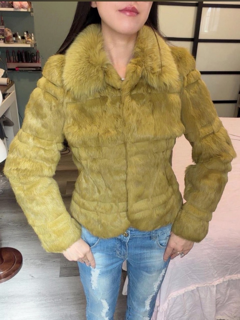 NWT Vintage Mustard Green Fox Rabbit Fur Cropped Fitted Jacket XS